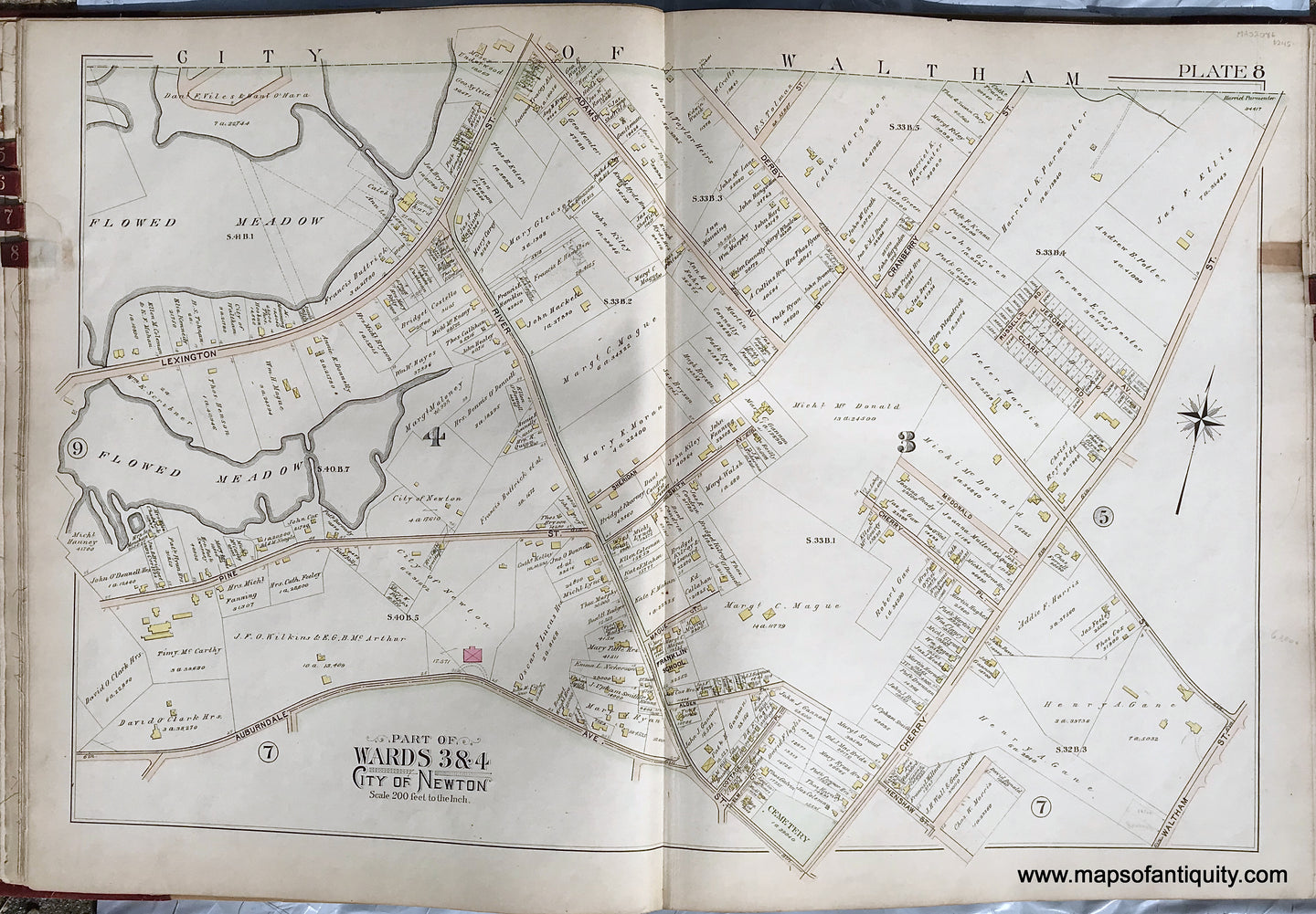 Antique-Printed-Color-Map-Part-of-Wards-3-&-4-City-of-Newton-Massachusetts-plate-8-1895-Bromley-Massachusetts-1800s-19th-century-Maps-of-Antiquity