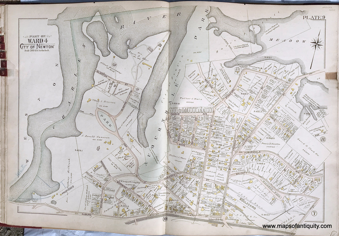 Antique-Printed-Color-Map-Part-of-Ward-4-City-of-Newton-Massachusetts-plate-9-1895-Bromley-Massachusetts-1800s-19th-century-Maps-of-Antiquity