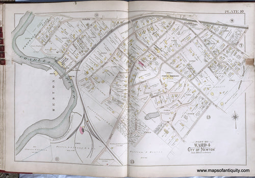 Antique-Printed-Color-Map-Part-of-Ward-4-City-of-Newton-Massachusetts-plate-10-1895-Bromley-Massachusetts-1800s-19th-century-Maps-of-Antiquity