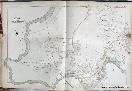 Antique-Printed-Color-Map-Part-of-Ward-4-City-of-Newton-Massachusetts-plate-11-1895-Bromley-Massachusetts-1800s-19th-century-Maps-of-Antiquity