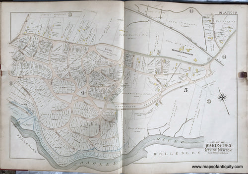 Antique-Printed-Color-Map-Part-of-Wards-4-&-5-City-of-Newton-Massachusetts-plate-12-1895-Bromley-Massachusetts-1800s-19th-century-Maps-of-Antiquity