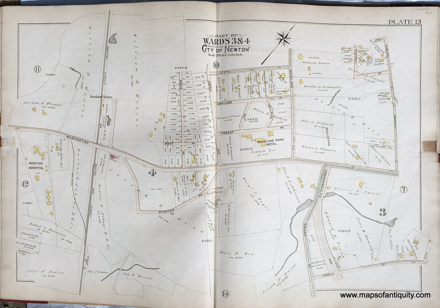 Antique-Printed-Color-Map-Part-of-Wards-3-&-4-City-of-Newton-Massachusetts-plate-13-1895-Bromley-Massachusetts-1800s-19th-century-Maps-of-Antiquity