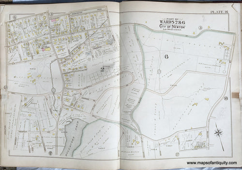 Antique-Printed-Color-Map-Part-of-Wards-2-&-6-City-of-Newton-Massachusetts-plate-16-1895-Bromley-Massachusetts-1800s-19th-century-Maps-of-Antiquity