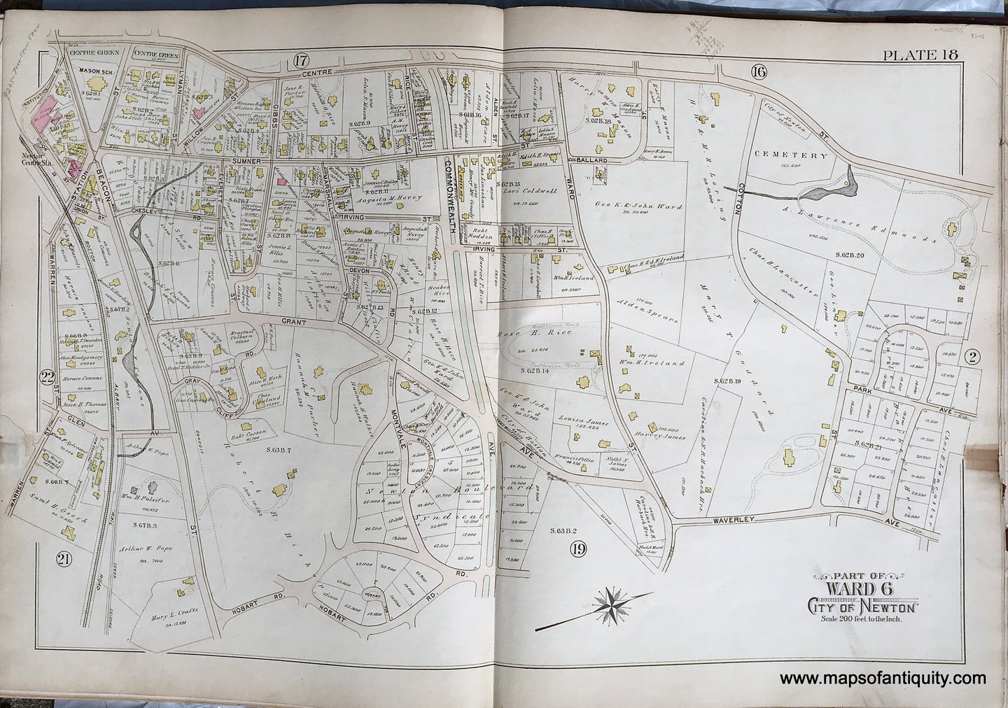 Antique-Printed-Color-Map-Part-of-Ward-6-City-of-Newton-Massachusetts-plate-18-1895-Bromley-Massachusetts-1800s-19th-century-Maps-of-Antiquity