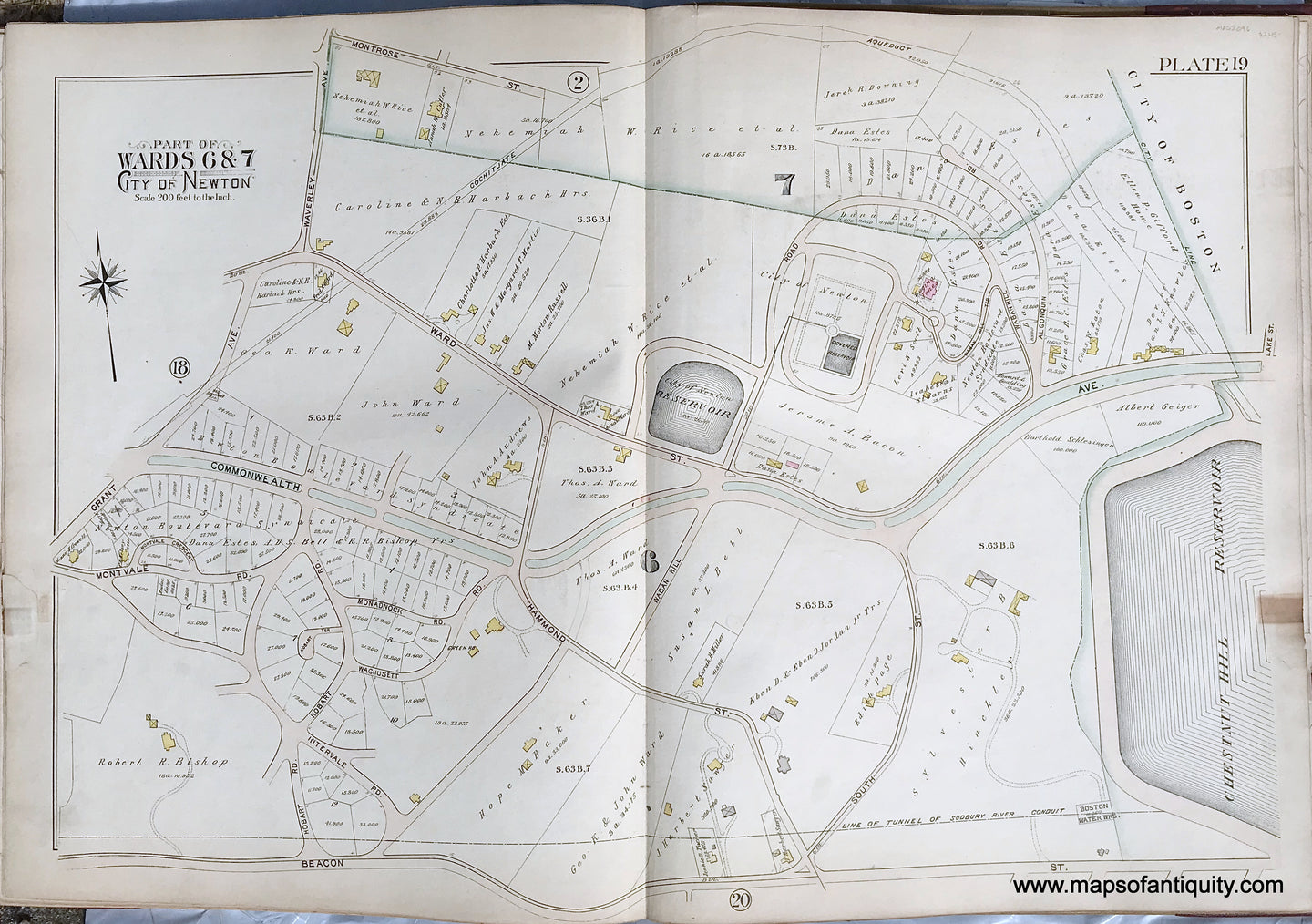 Antique-Printed-Color-Map-Part-of-Wards-6-&-7-City-of-Newton-Massachusetts-plate-19-1895-Bromley-Massachusetts-1800s-19th-century-Maps-of-Antiquity