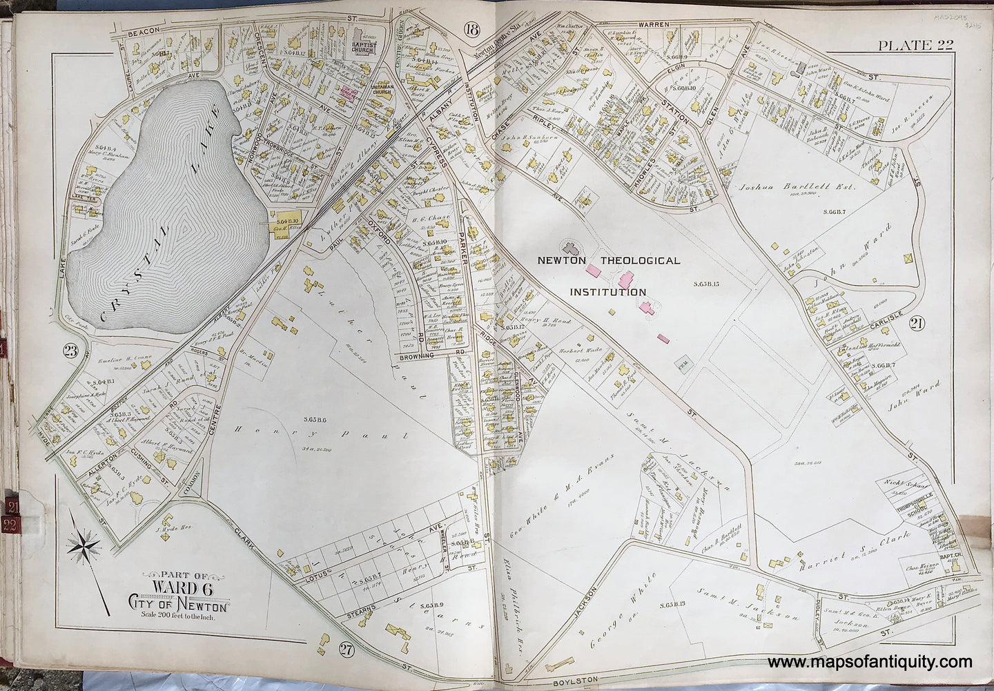 Antique-Printed-Color-Map-Part-of-Ward-6-City-of-Newton-Massachusetts-plate-22-1895-Bromley-Massachusetts-1800s-19th-century-Maps-of-Antiquity