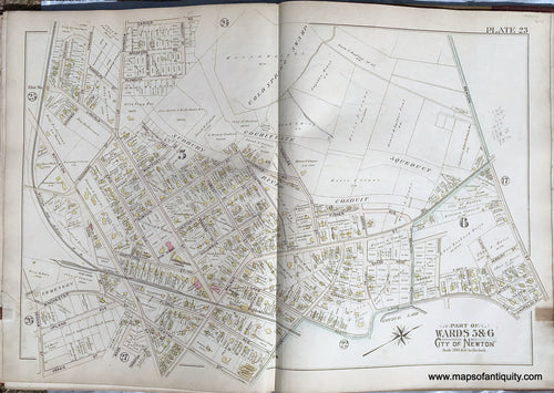 Antique-Printed-Color-Map-Part-of-Wards-5-&-6-City-of-Newton-Massachusetts-plate-23-1895-Bromley-Massachusetts-1800s-19th-century-Maps-of-Antiquity