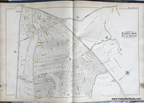 Antique-Printed-Color-Map-Part-of-Wards-5-&-6-City-of-Newton-Massachusetts-plate-24-1895-Bromley-Massachusetts-1800s-19th-century-Maps-of-Antiquity