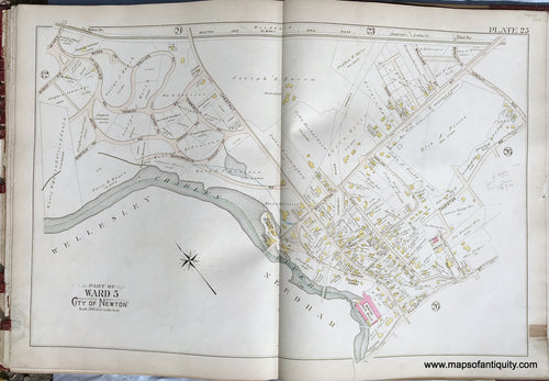 Antique-Printed-Color-Map-Part-of-Ward-5-City-of-Newton-Massachusetts-plate-25-1895-Bromley-Massachusetts-1800s-19th-century-Maps-of-Antiquity