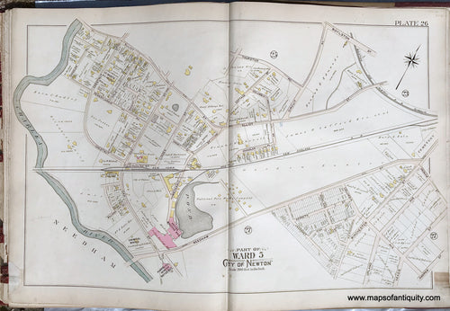 Antique-Printed-Color-Map-Part-of-Ward-5-City-of-Newton-Massachusetts-plate-26-1895-Bromley-Massachusetts-1800s-19th-century-Maps-of-Antiquity