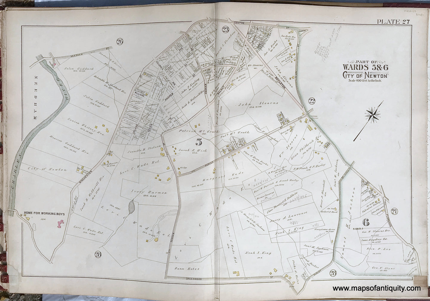 Antique-Printed-Color-Map-Part-of-Wards-5-&-6-City-of-Newton-Massachusetts-plate-27-1895-Bromley-Massachusetts-1800s-19th-century-Maps-of-Antiquity