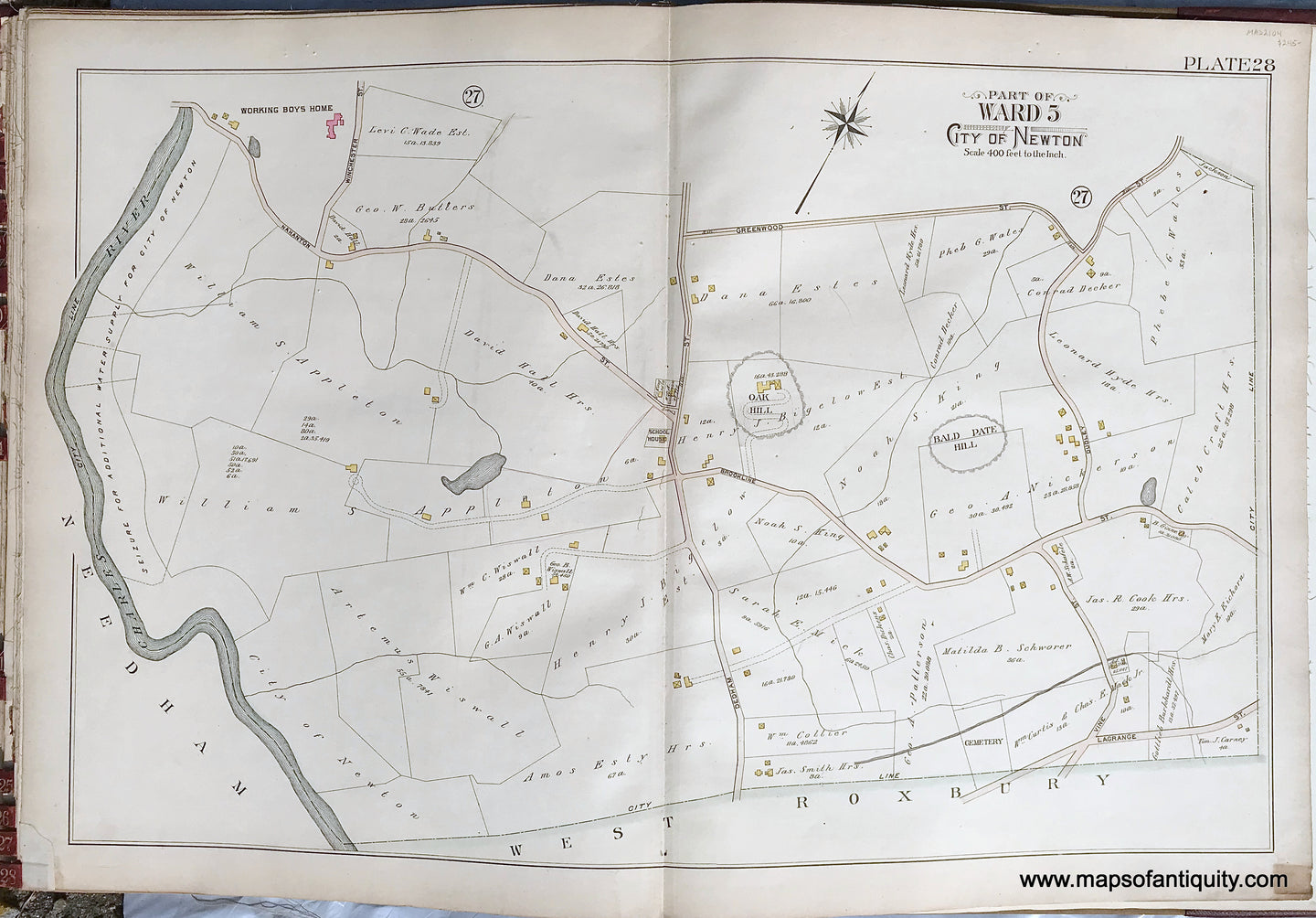 Antique-Printed-Color-Map-Part-of-Ward-5-City-of-Newton-Massachusetts-plate-28-1895-Bromley-Massachusetts-1800s-19th-century-Maps-of-Antiquity