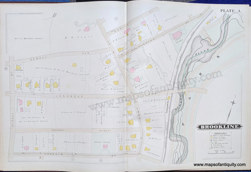 Antique-Map-Brookline-Mass.-Plate-3-United-States-Massachusetts-1884-Hopkins-Maps-Of-Antiquity-1800s-19th-century