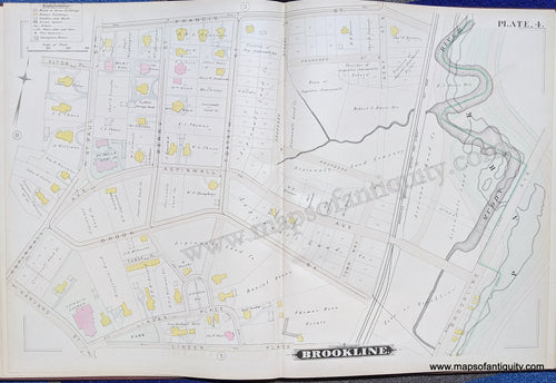 Antique-Map-Brookline-Mass.-Plate-4-United-States-Massachusetts-1884-Hopkins-Maps-Of-Antiquity-1800s-19th-century