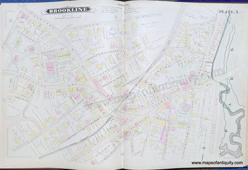 Antique-Map-Brookline-Mass.-Plate-5-United-States-Massachusetts-1884-Hopkins-Maps-Of-Antiquity-1800s-19th-century