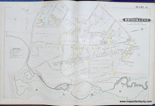 Antique-Map-Brookline-Mass.-Plate-6-United-States-Massachusetts-1884-Hopkins-Maps-Of-Antiquity-1800s-19th-century