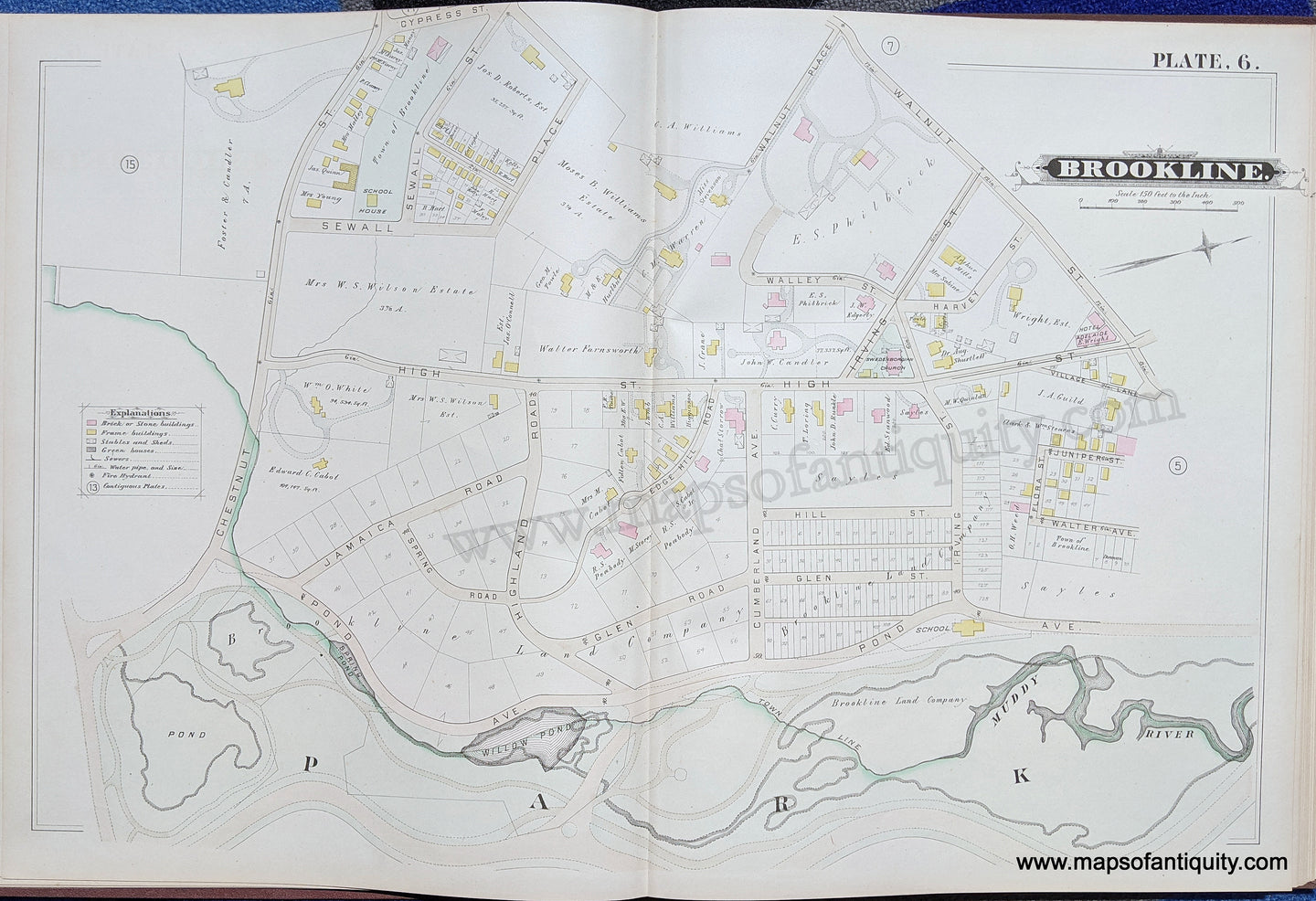 Antique-Map-Brookline-Mass.-Plate-6-United-States-Massachusetts-1884-Hopkins-Maps-Of-Antiquity-1800s-19th-century