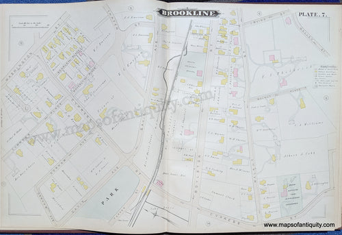Antique-Map-Brookline-Mass.-Plate-7-United-States-Massachusetts-1884-Hopkins-Maps-Of-Antiquity-1800s-19th-century