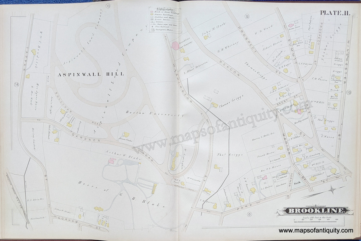 Antique-Map-Brookline-Mass.-Plate-11-United-States-Massachusetts-1884-Hopkins-Maps-Of-Antiquity-1800s-19th-century