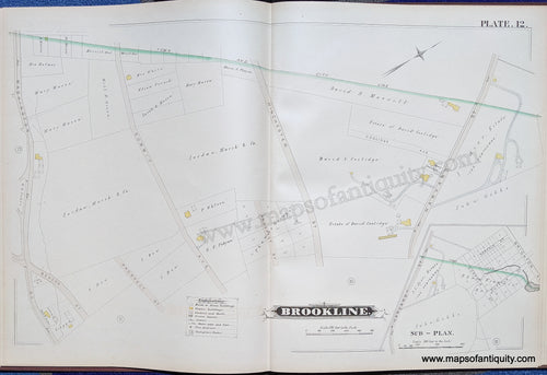 Antique-Map-Brookline-Mass.-Plate-12-United-States-Massachusetts-1884-Hopkins-Maps-Of-Antiquity-1800s-19th-century