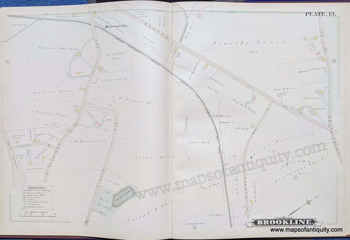 Antique-Map-Brookline-Mass.-Plate-13-United-States-Massachusetts-1884-Hopkins-Maps-Of-Antiquity-1800s-19th-century