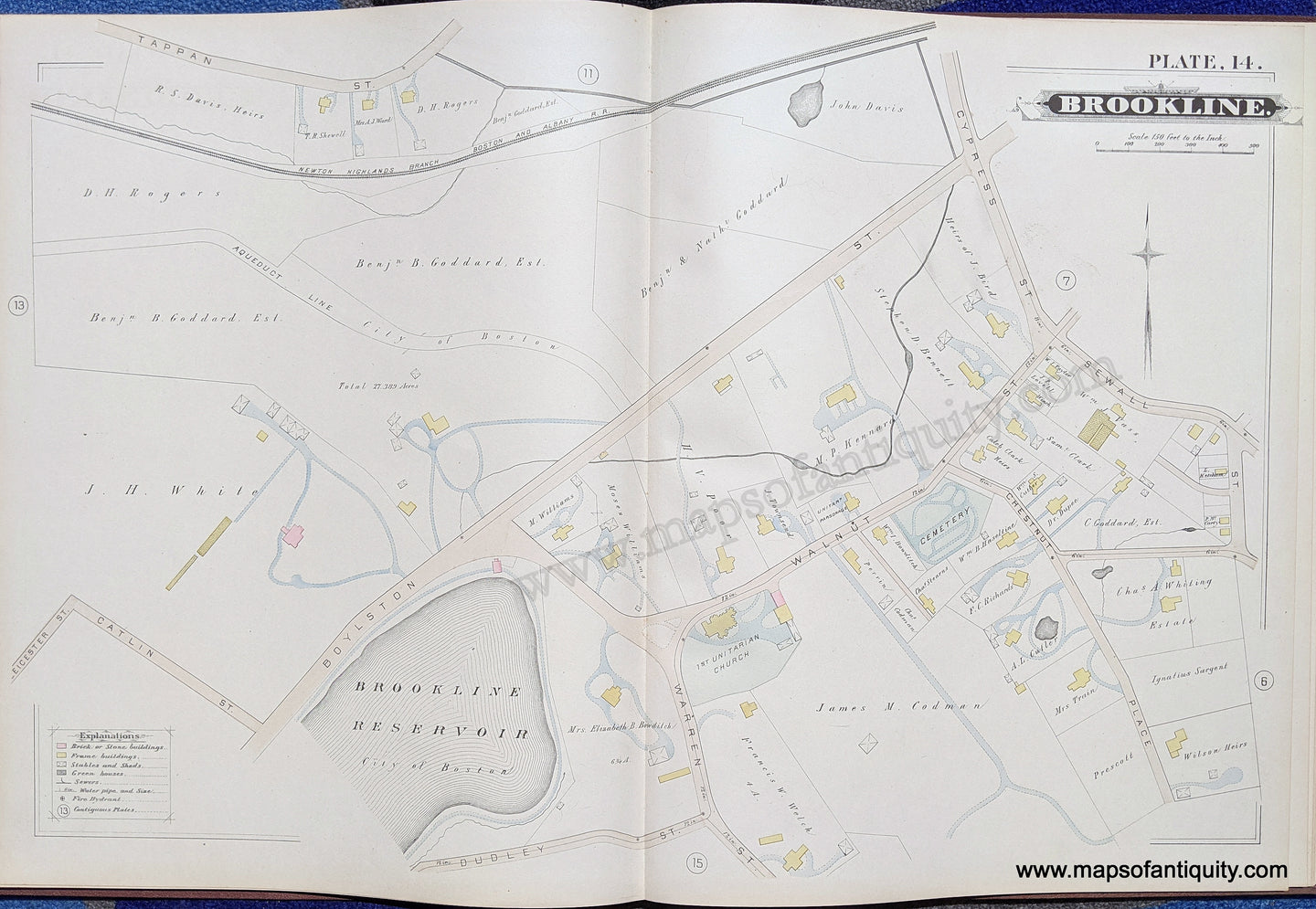 Antique-Map-Brookline-Mass.-Plate-14-United-States-Massachusetts-1884-Hopkins-Maps-Of-Antiquity-1800s-19th-century