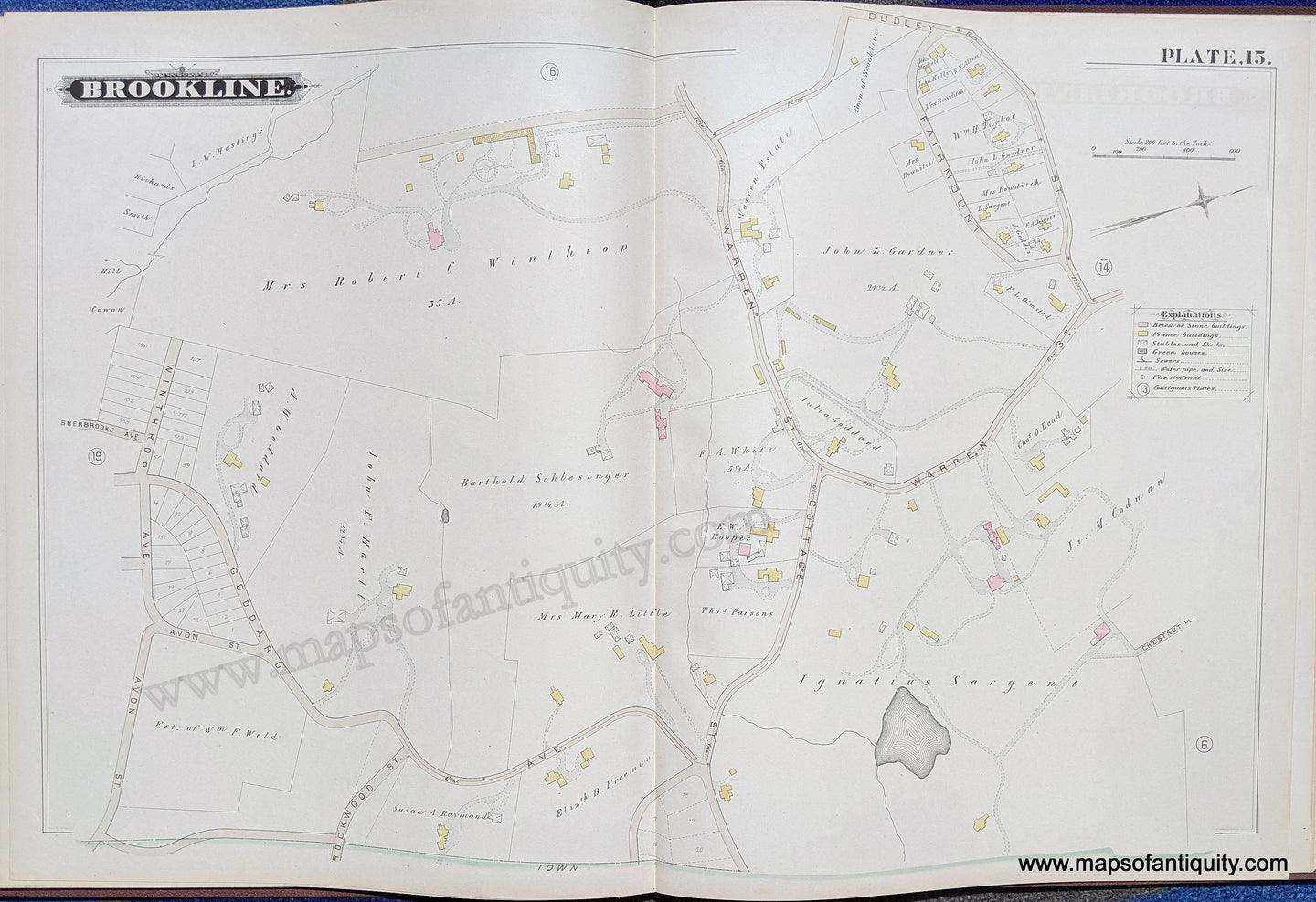 Antique-Map-Brookline-Mass.-Plate-15-United-States-Massachusetts-1884-Hopkins-Maps-Of-Antiquity-1800s-19th-century