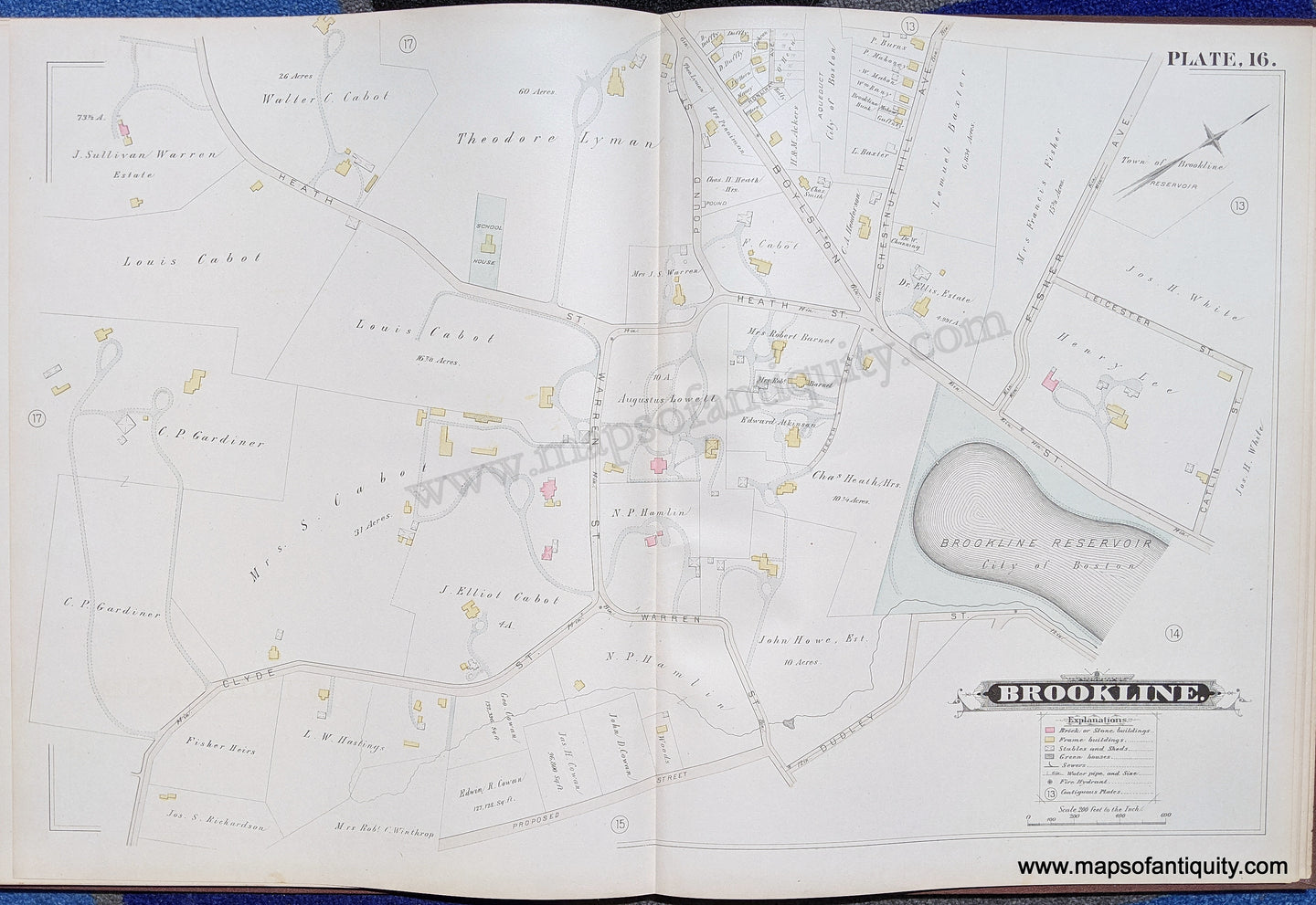 Antique-Map-Brookline-Mass.-Plate-16-United-States-Massachusetts-1884-Hopkins-Maps-Of-Antiquity-1800s-19th-century