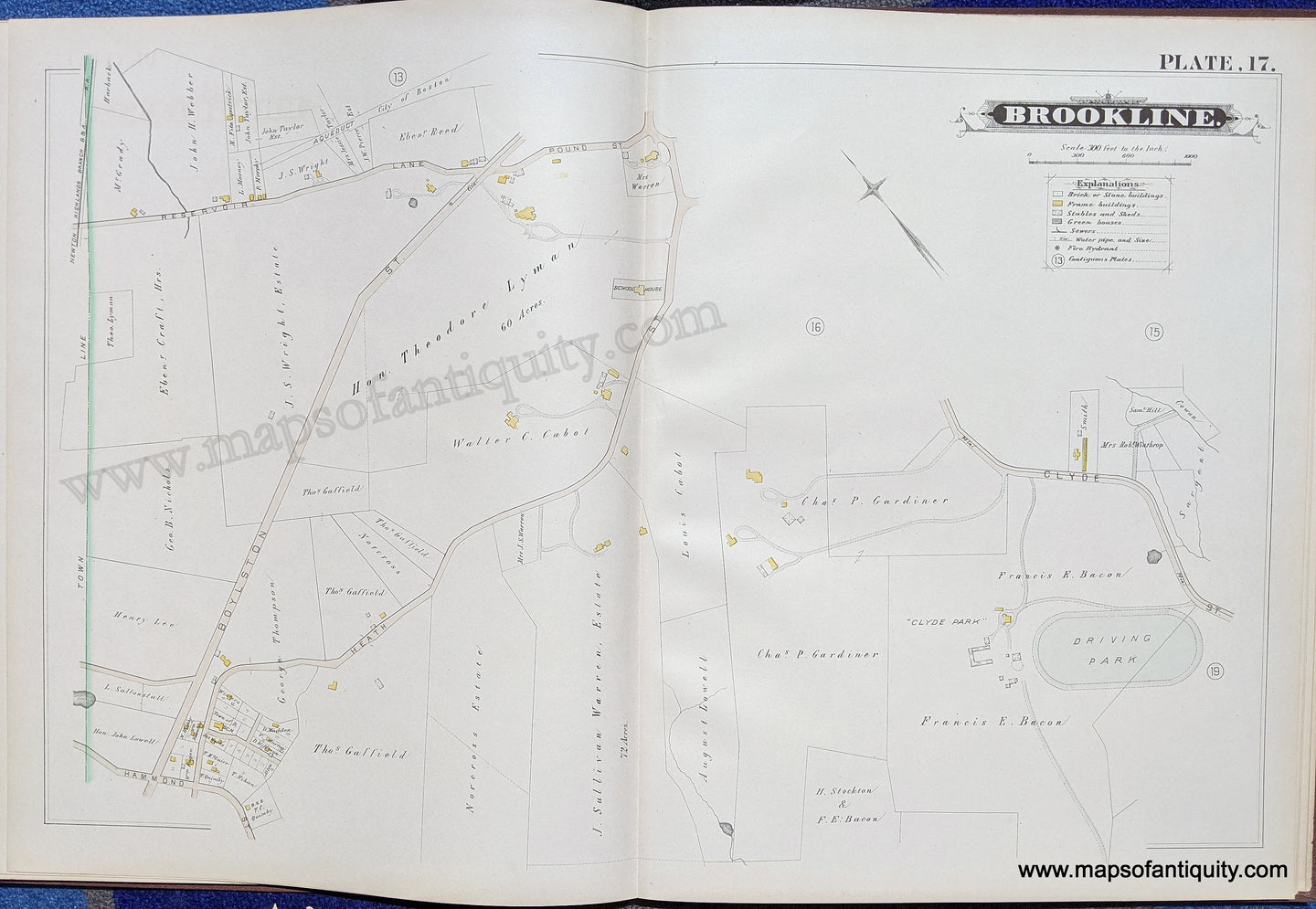 Antique-Map-Brookline-Mass.-Plate-17-United-States-Massachusetts-1884-Hopkins-Maps-Of-Antiquity-1800s-19th-century