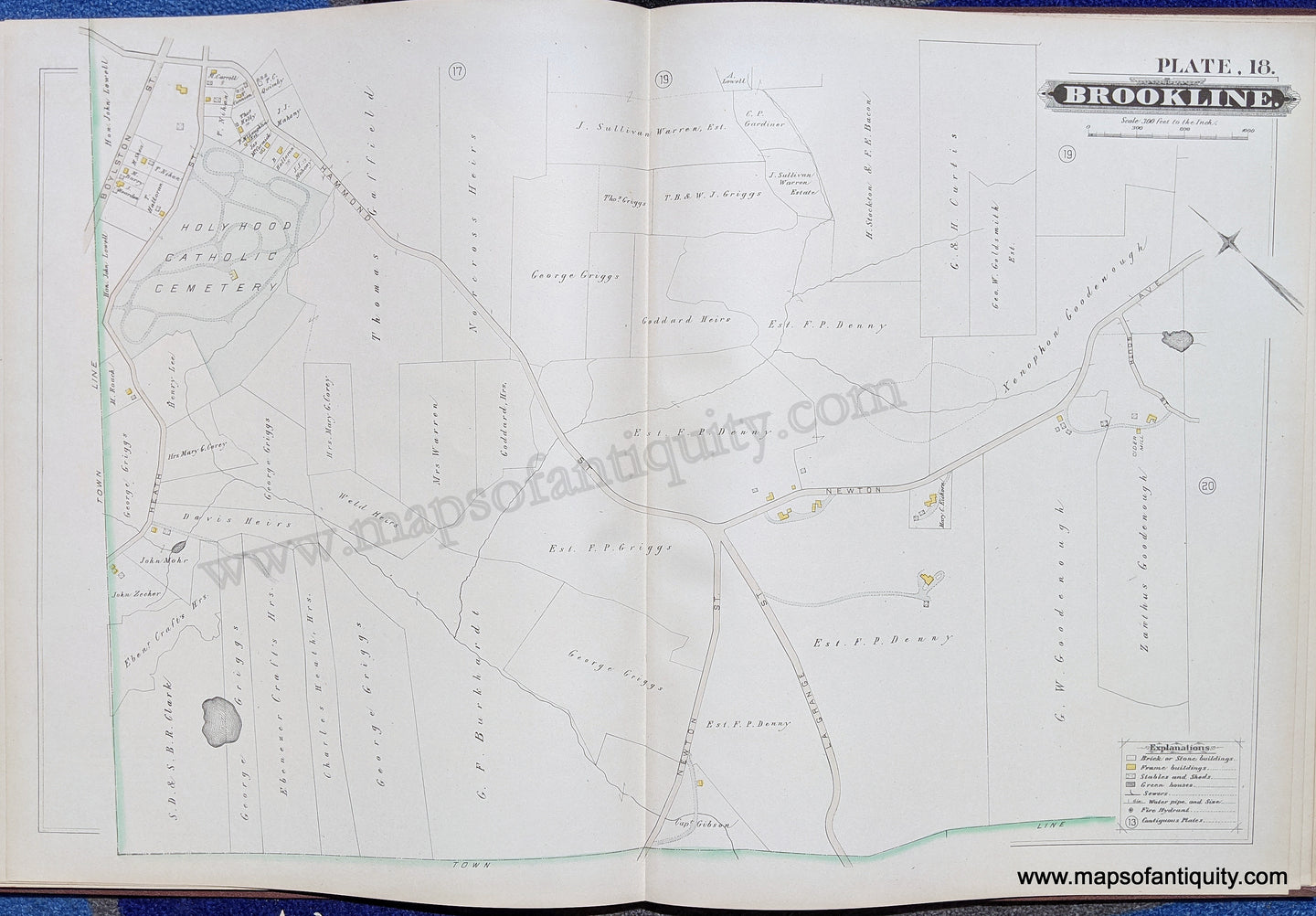Antique-Map-Brookline-Mass.-Plate-18-United-States-Massachusetts-1884-Hopkins-Maps-Of-Antiquity-1800s-19th-century