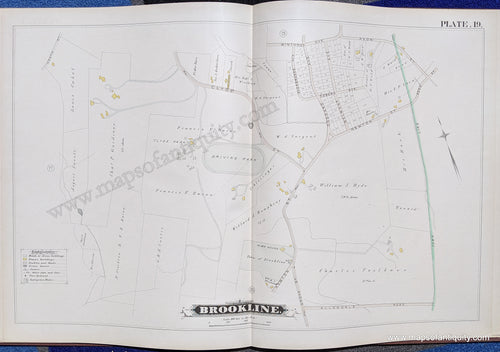 Antique-Map-Brookline-Mass.-Plate-19-United-States-Massachusetts-1884-Hopkins-Maps-Of-Antiquity-1800s-19th-century