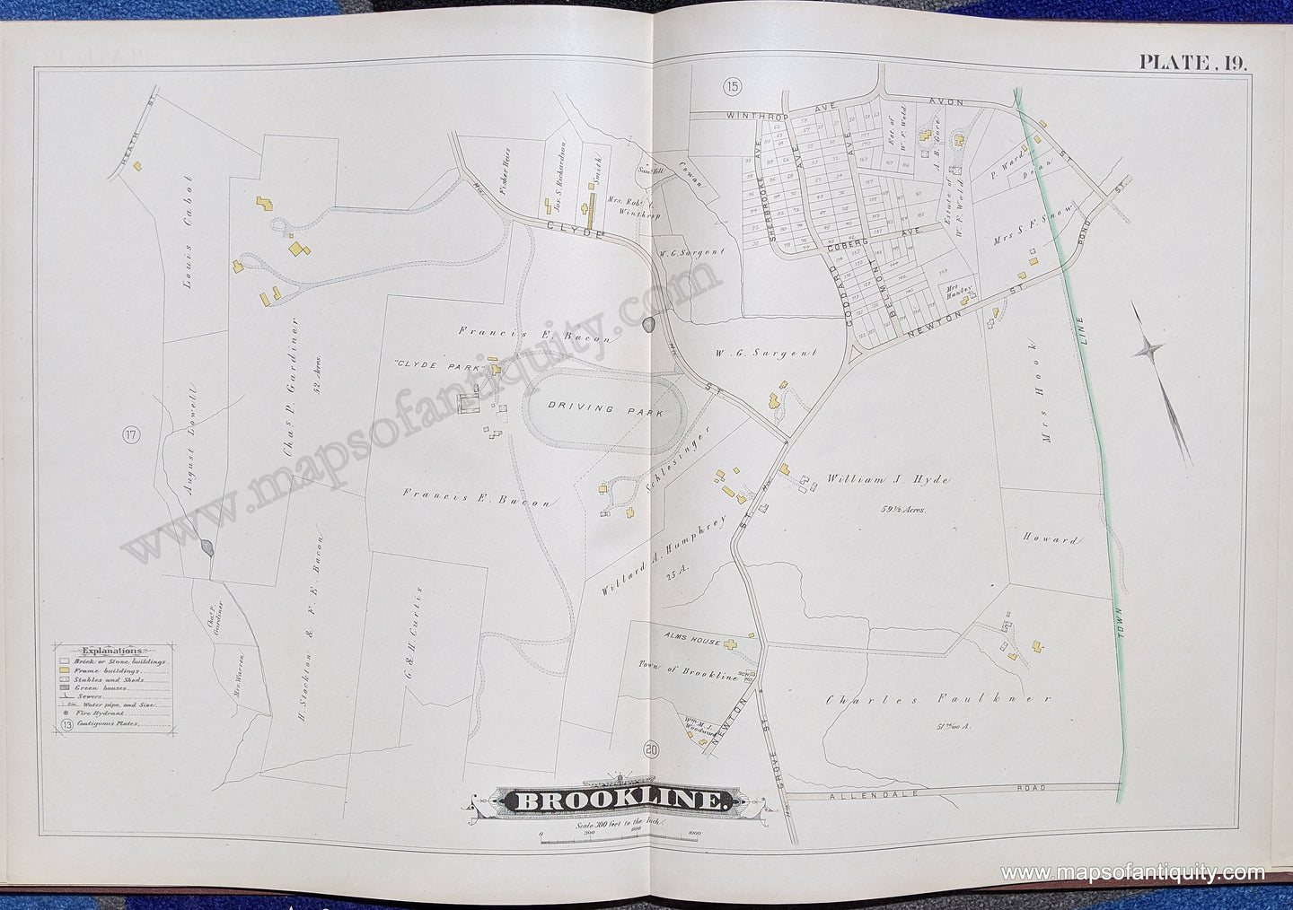 Antique-Map-Brookline-Mass.-Plate-19-United-States-Massachusetts-1884-Hopkins-Maps-Of-Antiquity-1800s-19th-century