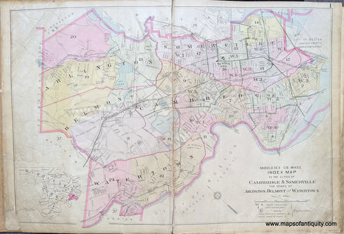 Antique-Map-Index-Map-to-the-Cities-of-Cambridge-&-Somerville-the-Towns-of-Arlington-Belmont-and-Watertown-United-States-Massachusetts-1900-Stadley-Maps-Of-Antiquity-1900s-20th-century