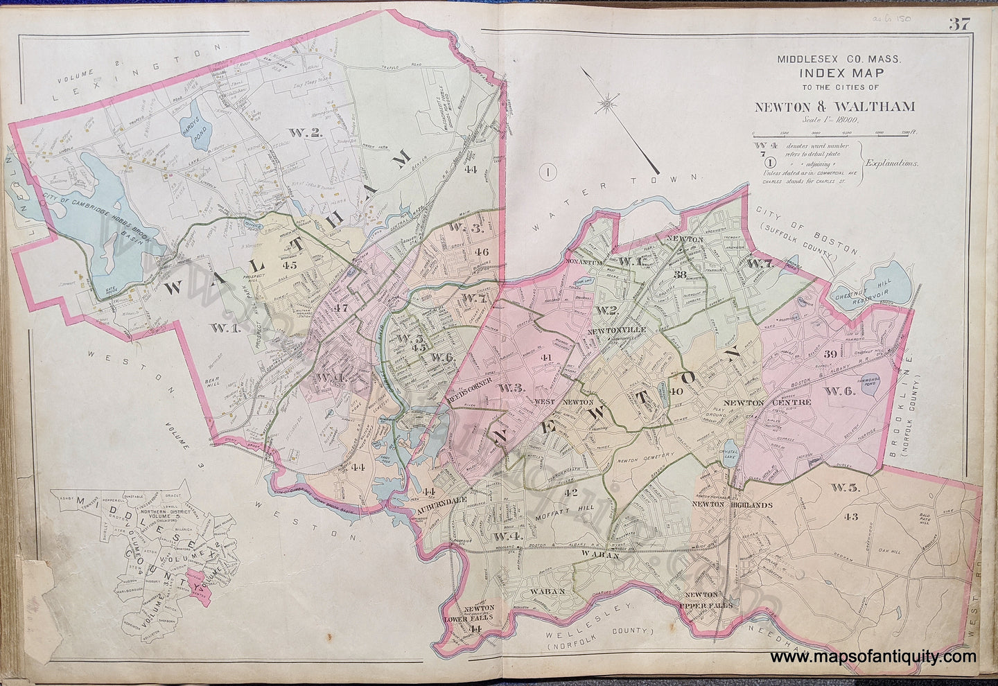 Antique-Map-Index-Map-to-the-Cities-of-Newton-&-Waltham-United-States-Massachusetts-1900-Stadley-Maps-Of-Antiquity-1900s-20th-century