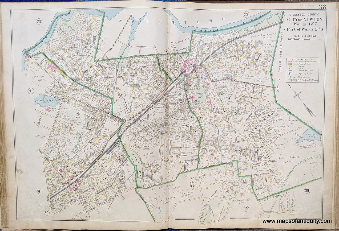 Antique-Map-City-of-Newton-Wards-1-and-7-and-Part-of-Wards-2-and-6-United-States-Massachusetts-1900-Stadley-Maps-Of-Antiquity-1900s-20th-century