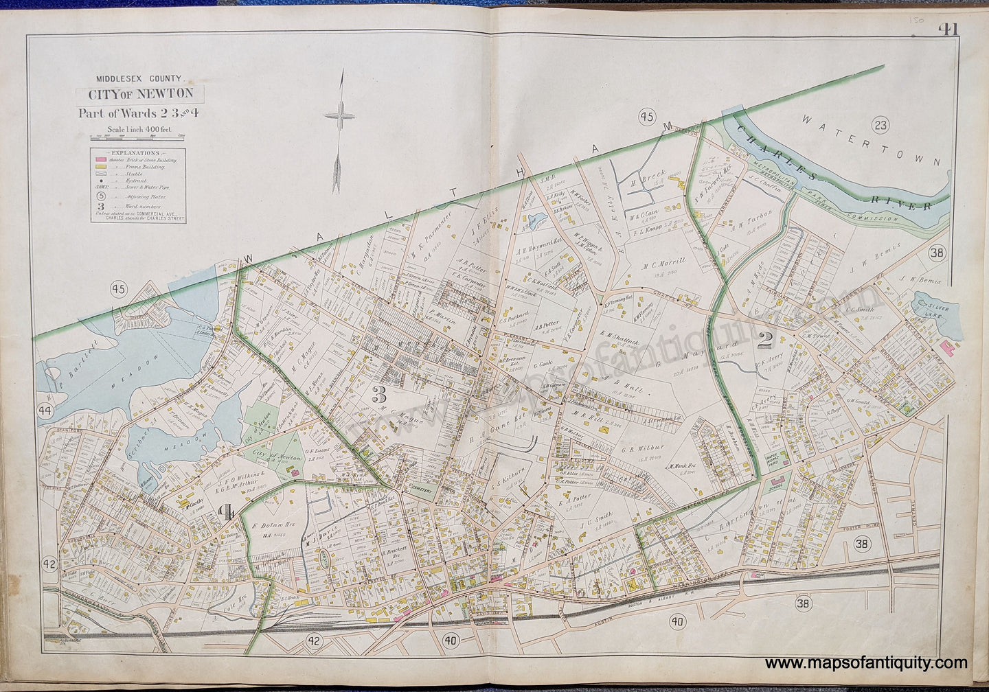 Antique-Map-City-of-Newton-Part-of-Wards-2-3-and-4-United-States-Massachusetts-1900-Stadley-Maps-Of-Antiquity-1900s-20th-century