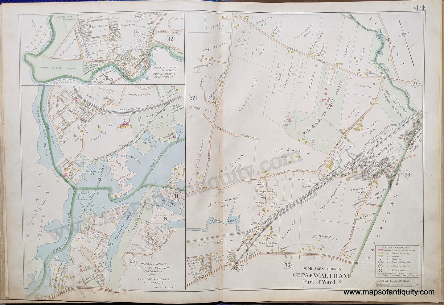 Antique-Map-City-of-Waltham-Part-of-Ward-2-with-inset-maps-of-parts-of-Ward-4-and-part-of-Newton-Ward-4-United-States-Massachusetts-1900-Stadley-Maps-Of-Antiquity-1900s-20th-century