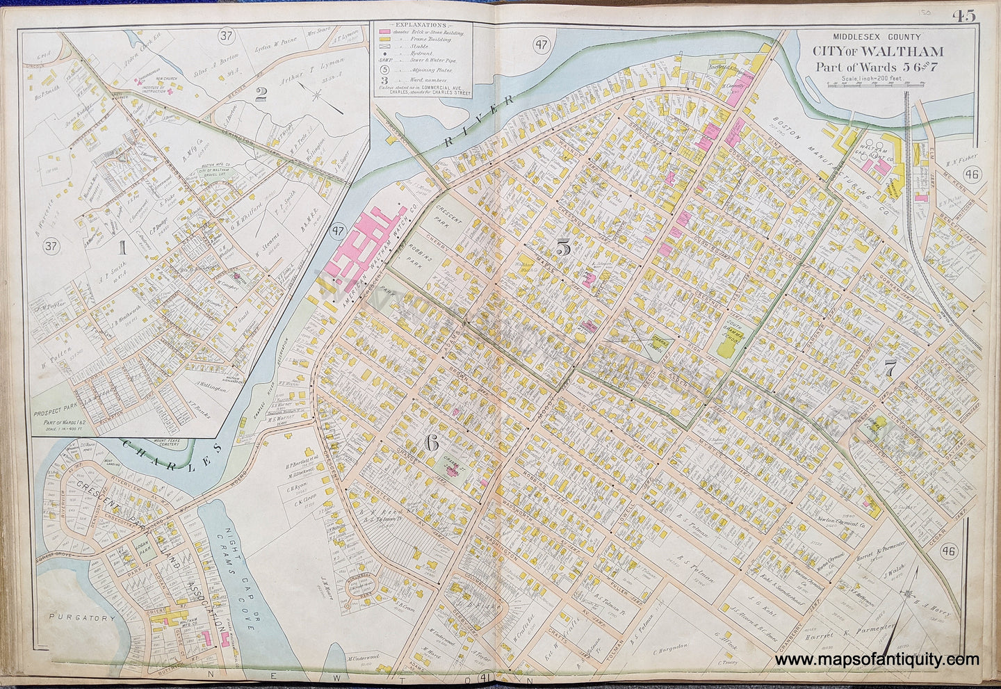 Antique-Map-City-of-Waltham-Part-of-Wards-5-6-and-7-United-States-Massachusetts-1900-Stadley-Maps-Of-Antiquity-1900s-20th-century