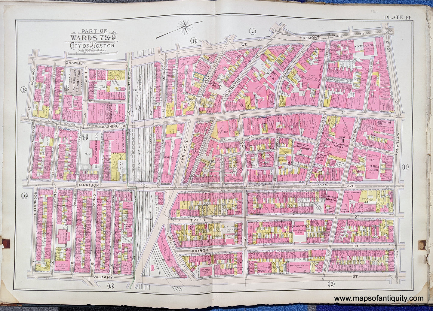 Antique-Map-Part-of-Wards-7-&-9-City-of-Boston-United-States-Massachusetts-1902-Bromley-Maps-Of-Antiquity-1900s-20th-century