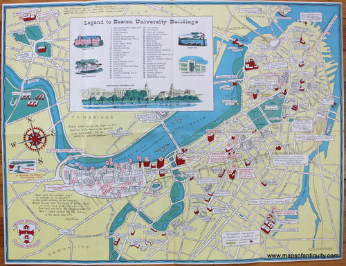 Antique-Printed-Color-Pictorial-Map-A-Pictorial-Map-of-Boston-University-in-ye-town-of-Boston-Massachusetts-Boston-1953-Frederick-Larrabee-Maps-Of-Antiquity-1800s-19th-century