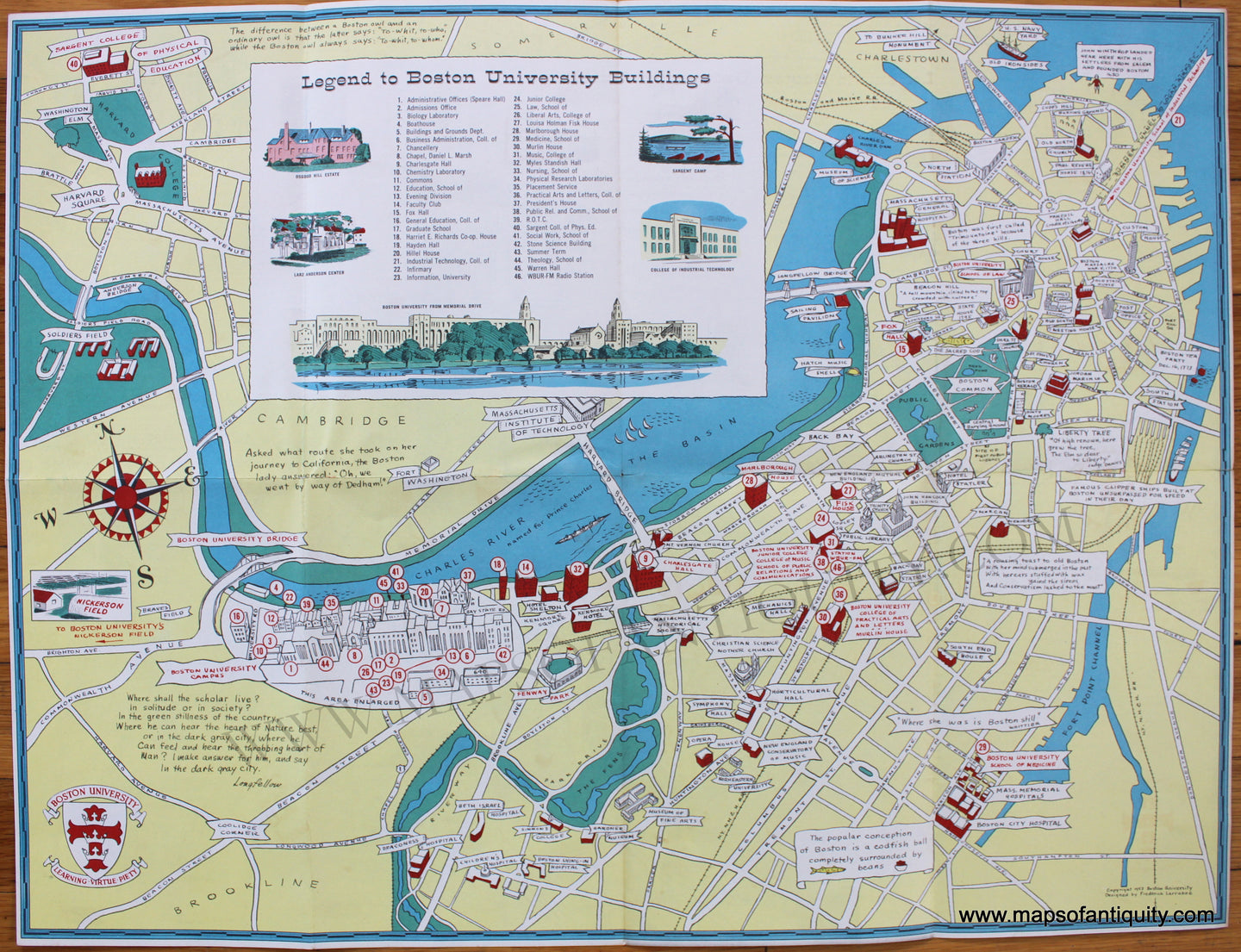 Antique-Printed-Color-Pictorial-Map-A-Pictorial-Map-of-Boston-University-in-ye-town-of-Boston-Massachusetts-Boston-1953-Frederick-Larrabee-Maps-Of-Antiquity-1800s-19th-century