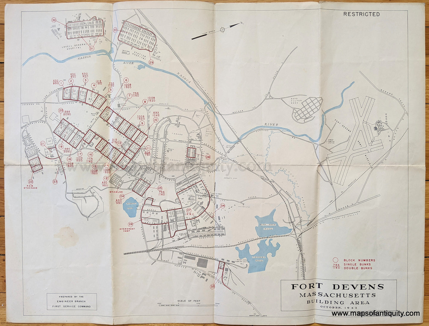 Genuine-Antique-Map-Fort-Devens-Massachusetts-Massachusetts--1943-Engineer-Branch-First-Service-Command-Maps-Of-Antiquity-1800s-19th-century