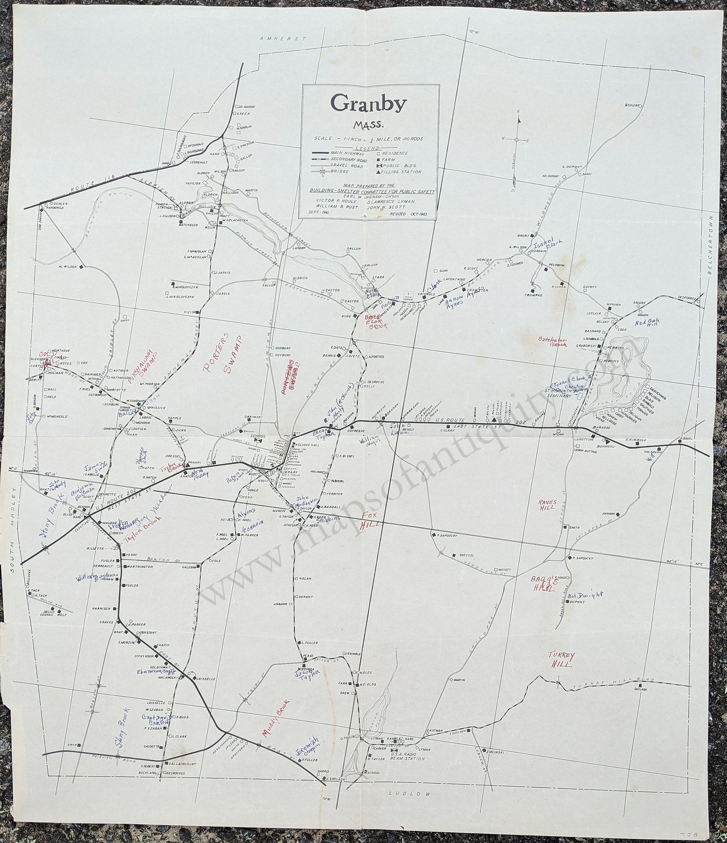 Genuine-Antique-Map-Granby-Mass.-Massachusetts--1943-Building-Shelter-Committee-for-Public-Safety-Maps-Of-Antiquity-1800s-19th-century