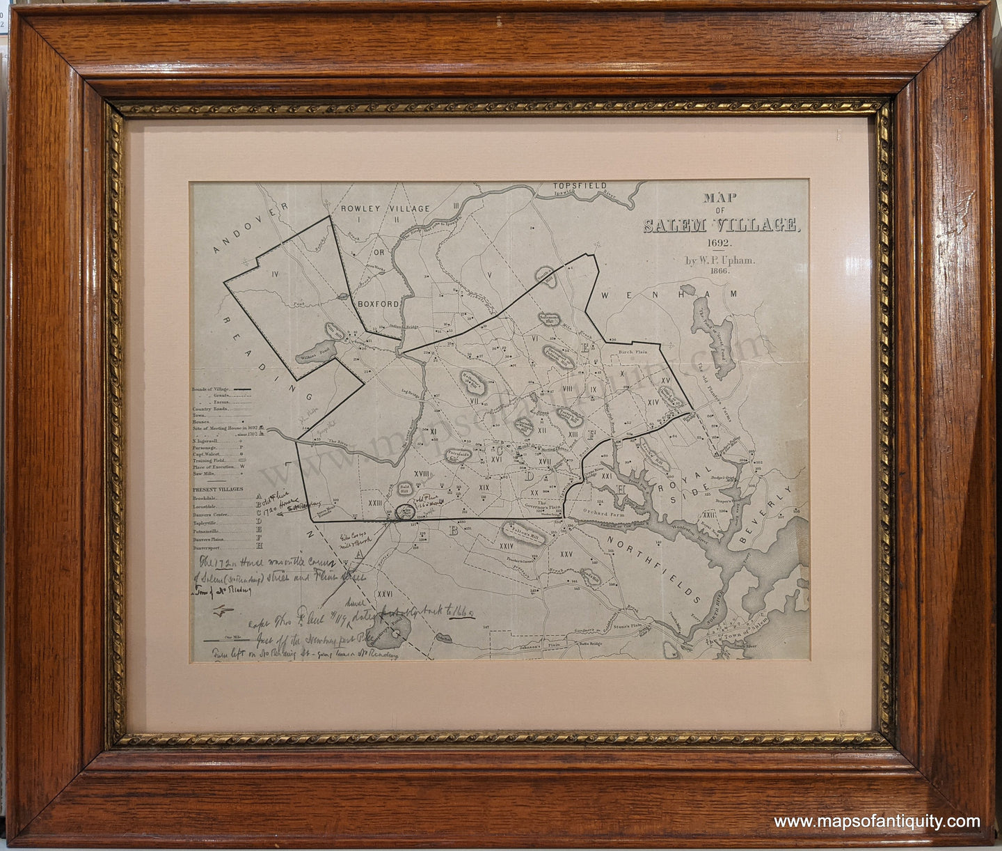 Genuine-Antique-Map-Framed-Map-of-Salem-Village-1692.-by-W.-P.-Upham-1866.-1866-Upham-Maps-Of-Antiquity-1800s-19th-century