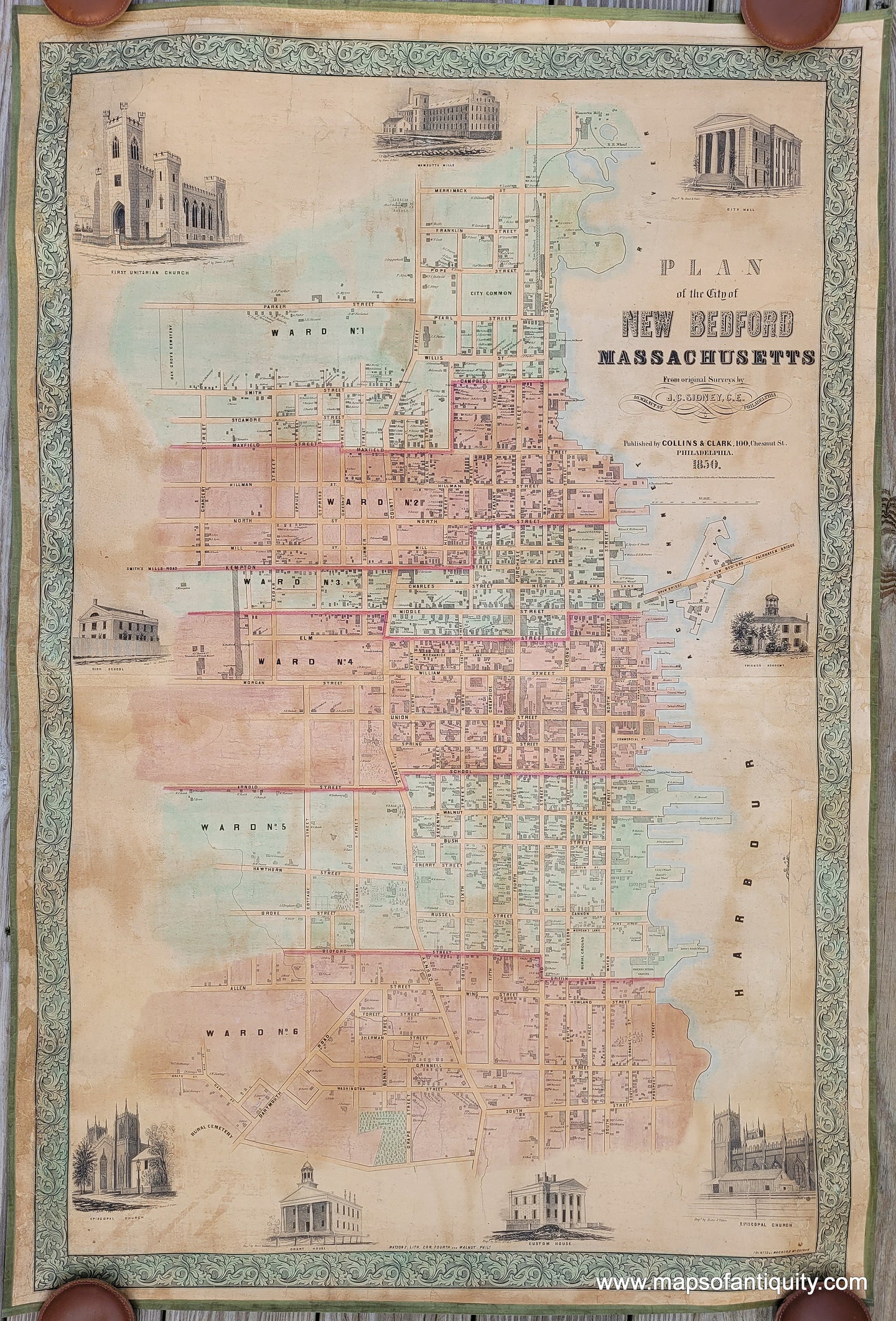 Genuine-Antique-Wall-Map-Plan-of-the-City-of-New-Bedford-Massachusetts-1850-Collins-Clark-Restored-Cleaned-Maps-Of-Antiquity