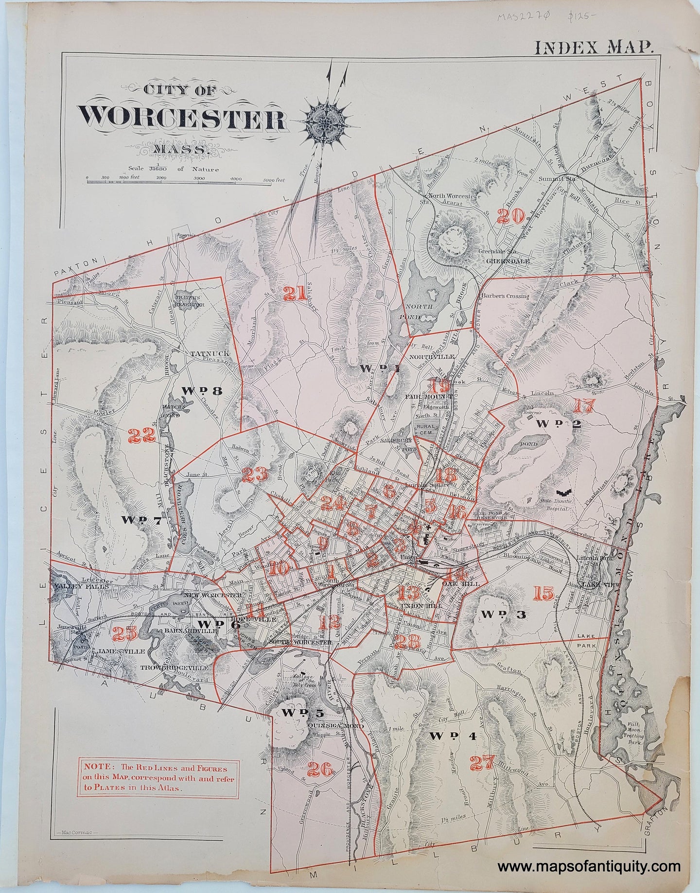 Genuine-Antique-Map-City-of-Worcester-Mass--1886-Hopkins-Maps-Of-Antiquity