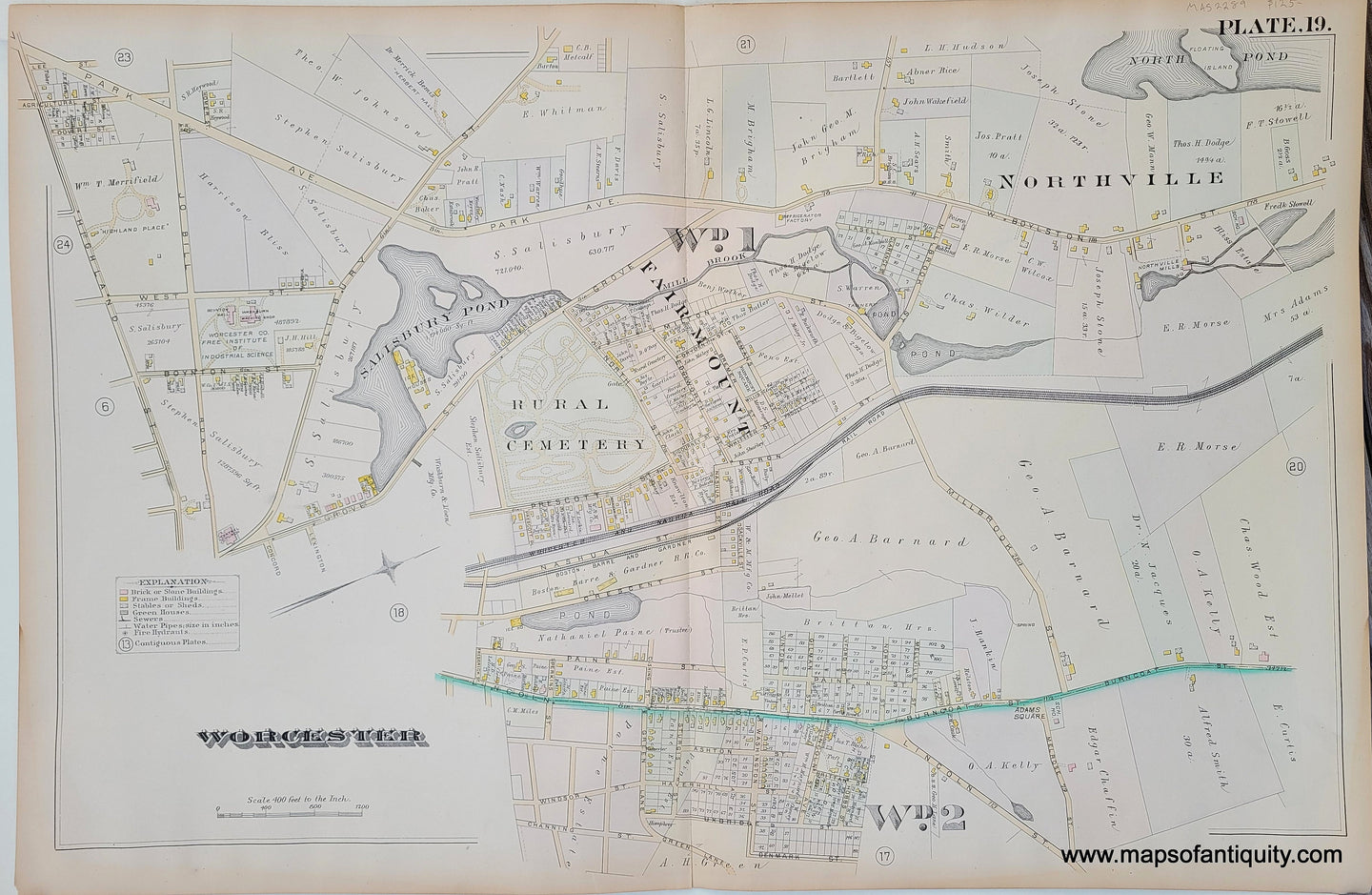 Genuine-Antique-Map-City-of-Worcester-Plate-19--1886-Hopkins-Maps-Of-Antiquity