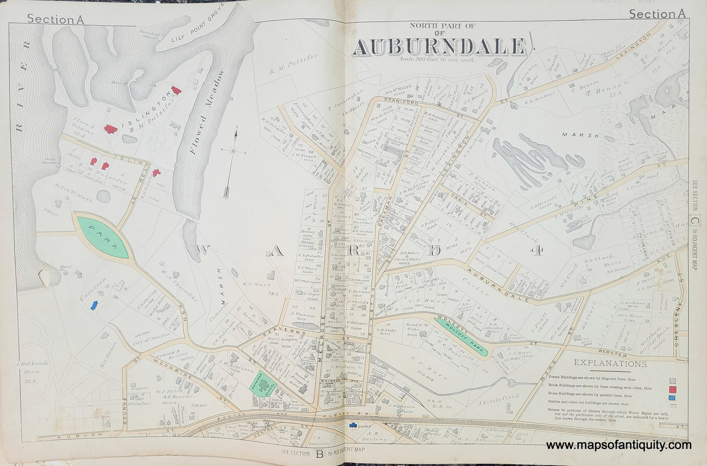 Genuine-Antique-Map-North-Part-of-Auburndale-MA-Section-A-1886-Beers-Maps-Of-Antiquity