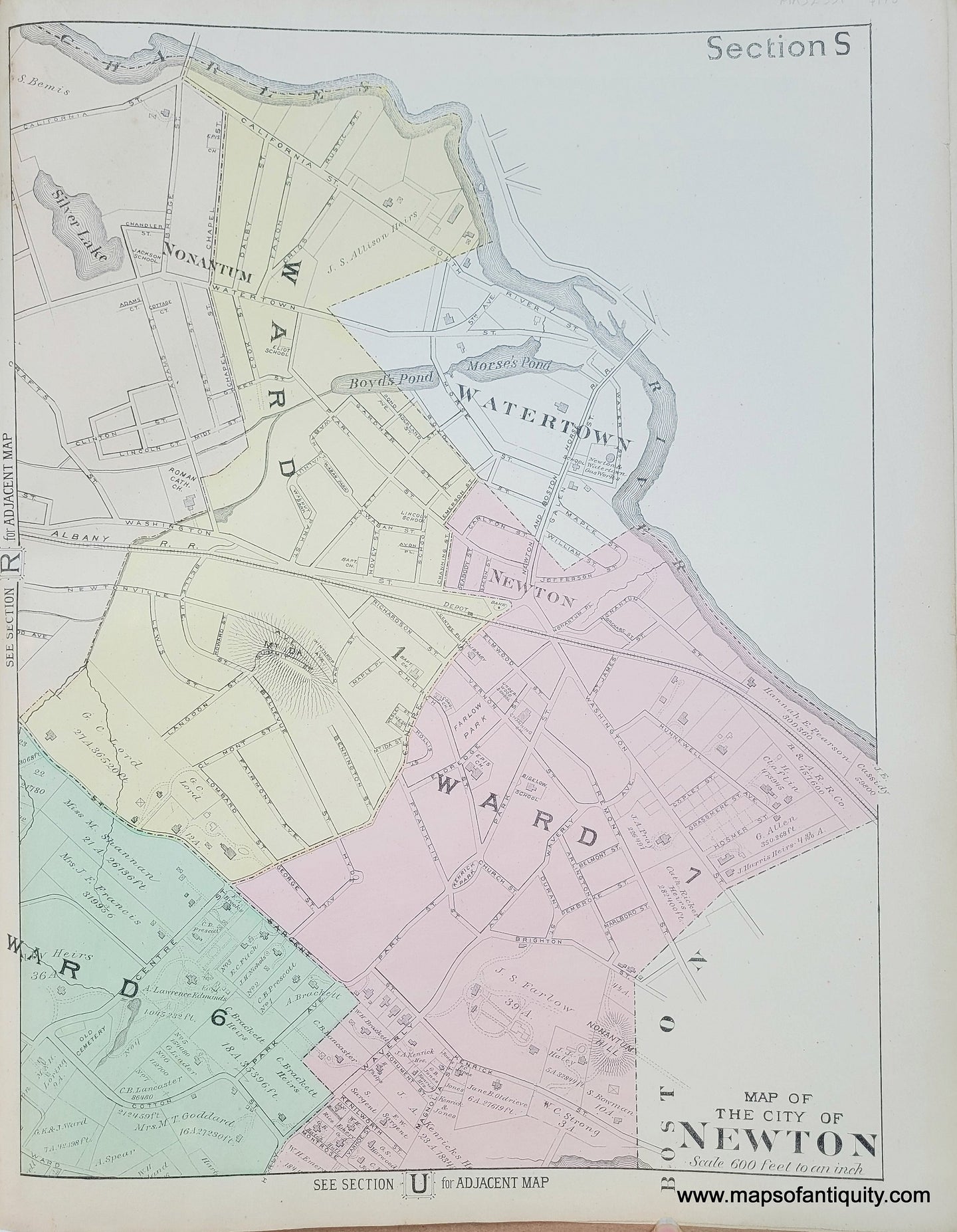 Genuine-Antique-Map-Map-of-the-City-of-Newton-MA-Section-S-1886-Beers-Maps-Of-Antiquity