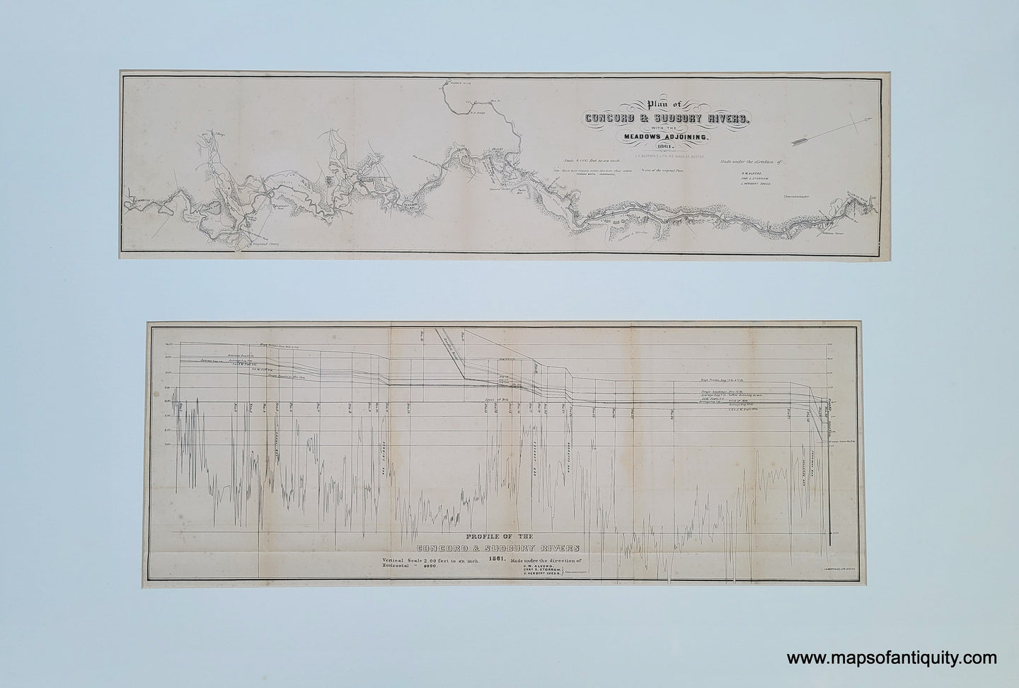 Genuine-Antique-Map-and-Diagram-Plan-of-Concord-Sudbury-Rivers-with-the-Meadows-Adjoining-and-Profile-of-the-Concord-and-Sudbury-Rivers-1861-Bufford-Maps-Of-Antiquity